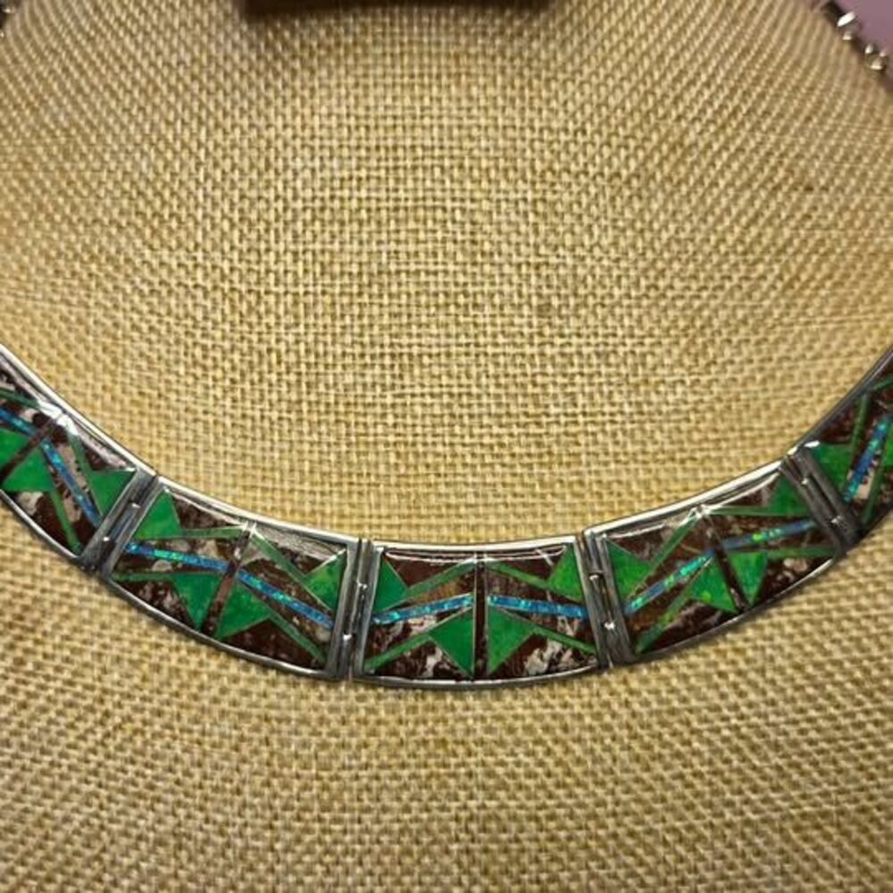 VP Sterling Silver Inlay Necklace Southwestern Gaspeite Jasper Statement - Picture 2 of 6